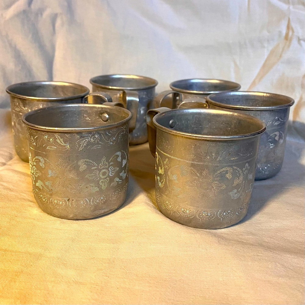Thai tin engraved coffee mugs.  Set of 6.  Great for camping/glamping!
